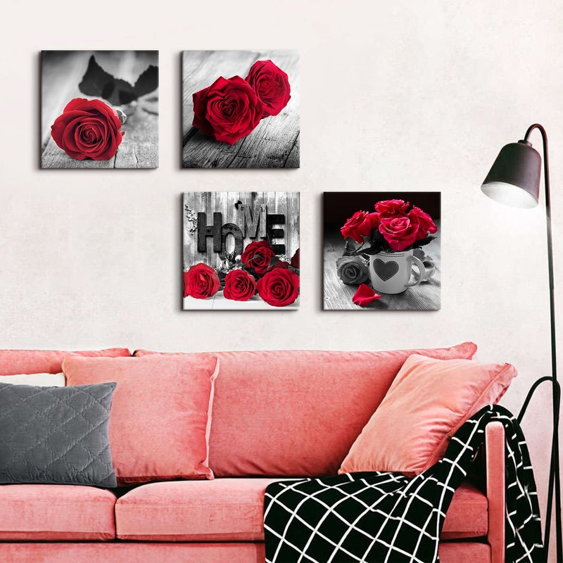 YOOOAHU Red Wall Decor for Bedroom Red Bathroom Accessories Black and White Canvas Wall Art Rose Pictures for Living Room Home Decorations Flower Painting Couples Bedroom Kitchen Modern Artwork 12x12"4Pcs/Set - Image 3